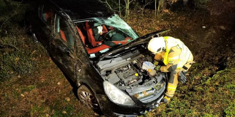 Wypadek na DW350. Auto wypadło z drogi