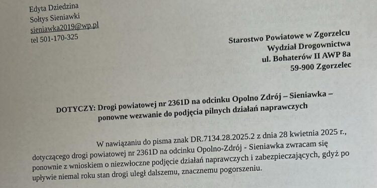 Sołtyska ponownie interweniuje w sprawie drogi Sieniawka–Opolno-Zdrój
