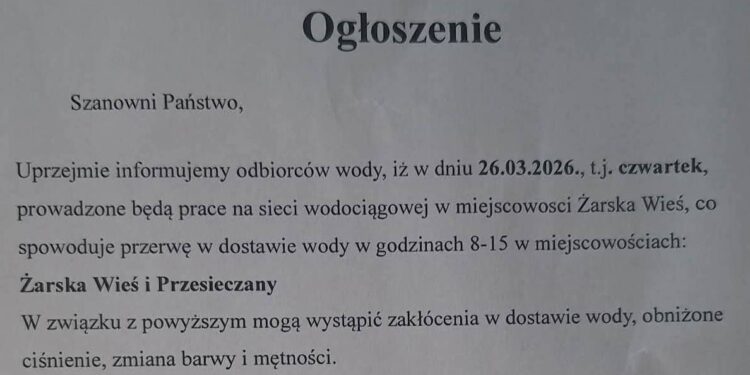 Żarska Wieś, Przesieczany – w czwartek przerwa w dostawie wody!
