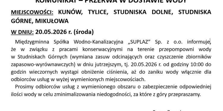 Suplaz: Dziś prace na sieci. Przerwa w dostawie wody w kilku miejscowościach