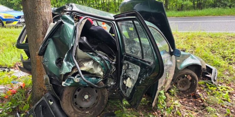 Groźny wypadek na DW296 między Węglińcem a Czerwoną Wodą. Volkswagen uderzył w drzewo, kierowca trafił do szpitala