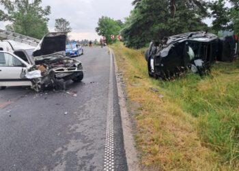 Czołowe zderzenie na drodze w Dłużynie. Kierowca BMW stracił panowanie nad pojazdem