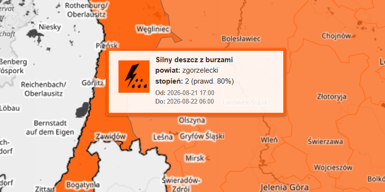 IMGW ostrzega przed gwałtownymi burzami i ulewami w powiecie zgorzeleckim. Możliwe podtopienia