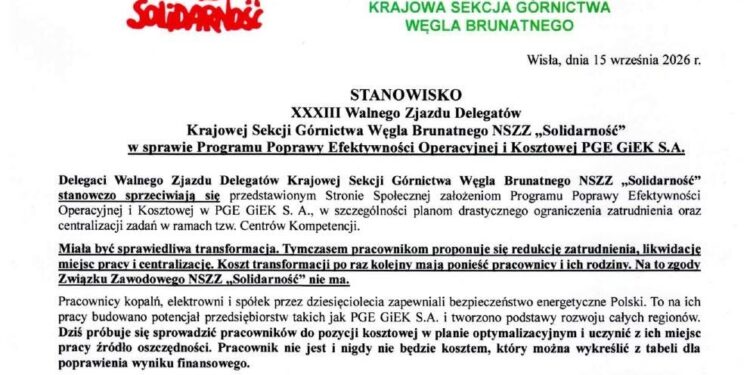 „To nie jest sprawiedliwa transformacja!” – Ostry sprzeciw NSZZ „Solidarność” wobec planów oszczędnościowych PGE GiEK